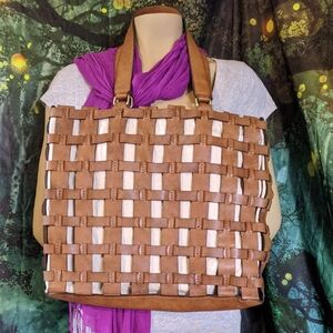 Leather Cage Tote Bag With Cotton Canvas Lining, Snap Top, Interior Pockets